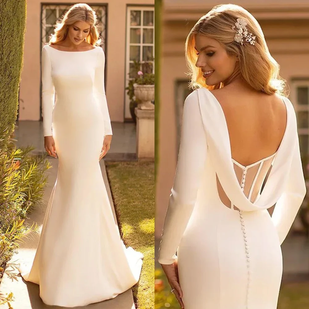 Top Trends: Elegant Mermaid Wedding Dresse Satin Cowl Back O-Neck Bridal Gown Simple White Long Sleeves Vestido De Novia 2024 Sweep Train Shoppable Styles