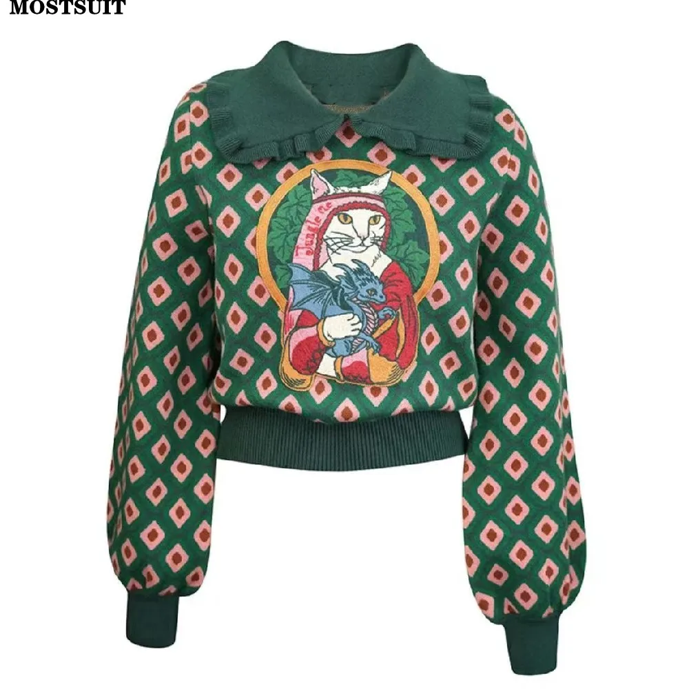 Top Trends: Cartoon Embroidered Jacquard Knit Sweater Pullover Women Stylish Vintage Fashion Chic Tops Autumn Winter Long Sleeve Jumper 2023 Shoppable Styles