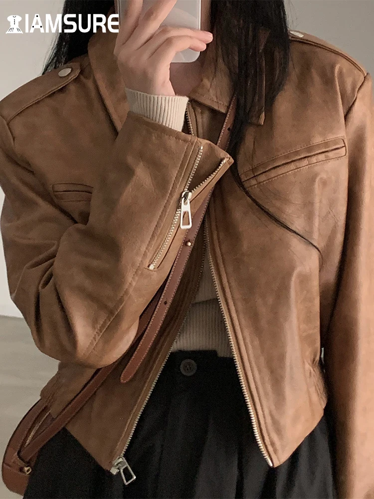 Top Trends: IAMSURE Casual Streetwear Pu Leather Jackets Basic Solid Zipper Collar Long Sleeve Coats Women 2023 Autumn Winter Fashion Ladies Shoppable Styles