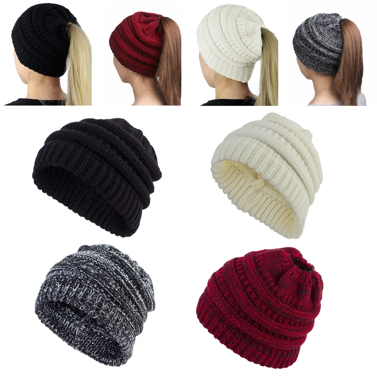 Top Trends: Ladies Ponytail Knitted Wool Hat Europe And The United States Autumn And Winter Multi-coloured Pullover Cap Elastic Skull Cap Shoppable Styles