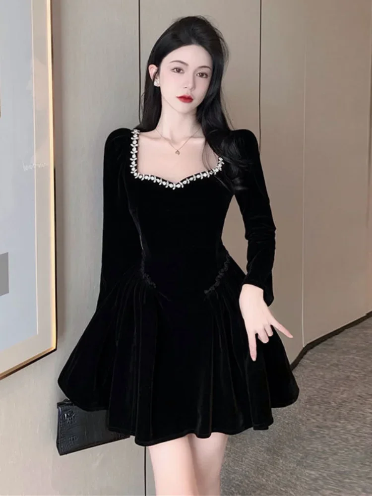 Top Trends: QWEEK Vintage Elegant Black Party Dresses Evening Retro Velvet Tepmweament Wrap Slim Mini Short Dress Square Collar 2023 Shoppable Styles