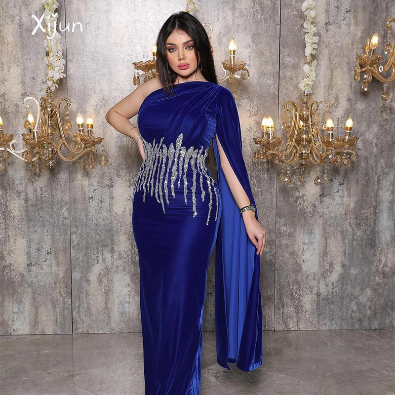 Top Trends: Xijun Blue Beading Mermaid Evening Dress Velour One Shoulder Prom Gowns With Shawl Saudi Arabia Formal Party Dress For Women Shoppable Styles