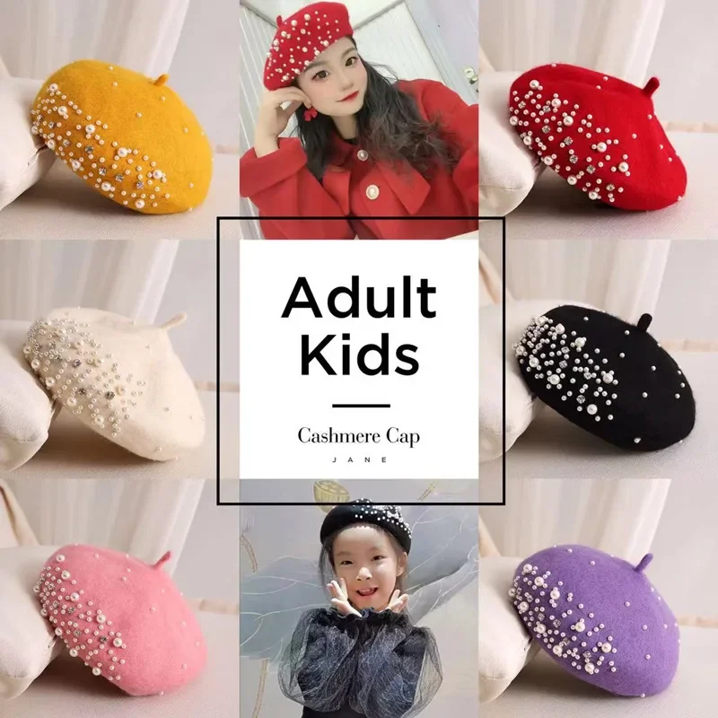 Top Trends: Adult / Children Pearl Crystal Beret Hat For Women Cap Cashmere Winter Retro French Black Red Artist Flat Red Lady Vintage Cap Shoppable Styles