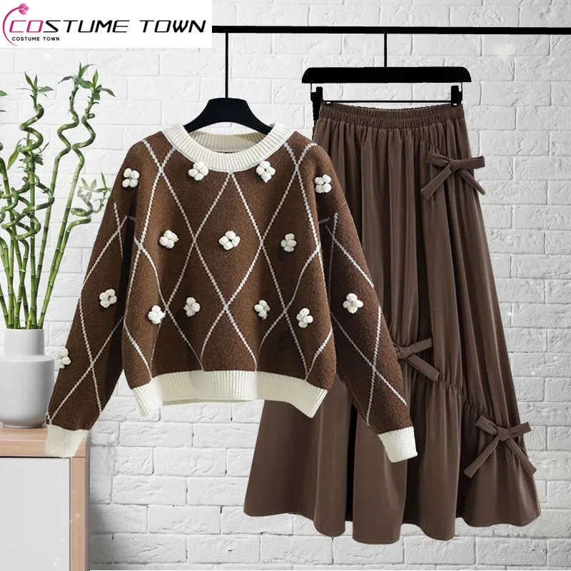 Top Trends: Winter New Plus Size Flower Decoration Knitted Sweater Pullover Fold Half Skirt Two Piece Elegant Women&#039;s Dress Set Shoppable Styles