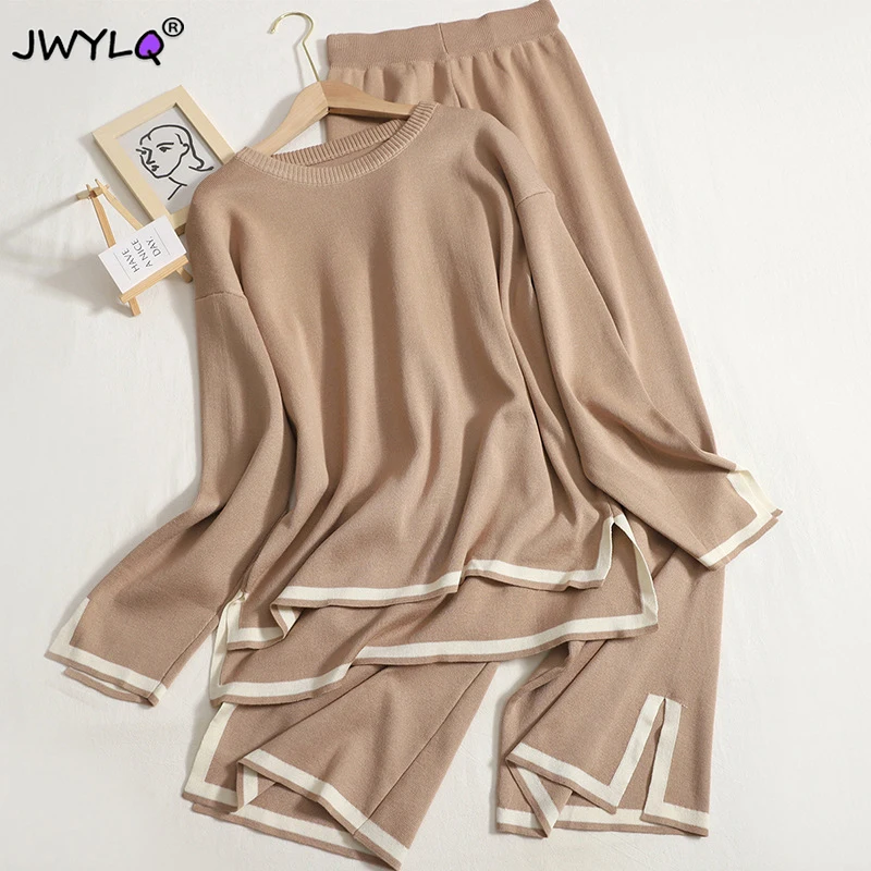 Top Trends: 2023 Autumn Winter O-neck Long Sleeve Side Slit Pullover Sweater+ high Waist Wide Leg Pants Two Piece Set Women Casual Tracksuit Shoppable Styles