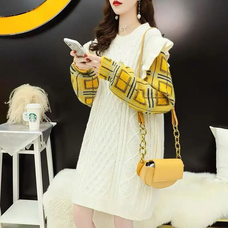 Top Trends: Women&#039;s Clothing O-Neck Knitted Jumpers Casual Plaid Printed Patchwork Autumn Winter Long Sleeve Fashion Ruffles Loose Sweaters Shoppable Styles