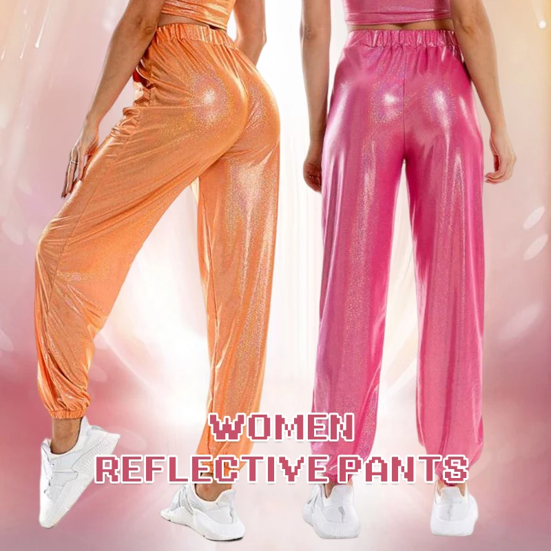 Top Trends: Women High Waist Metallic Jogger Pants Reflective Trousers Shiny Holographic Pants Loose Hip Hop Dance Pants Bottoms Streetwear Shoppable Styles