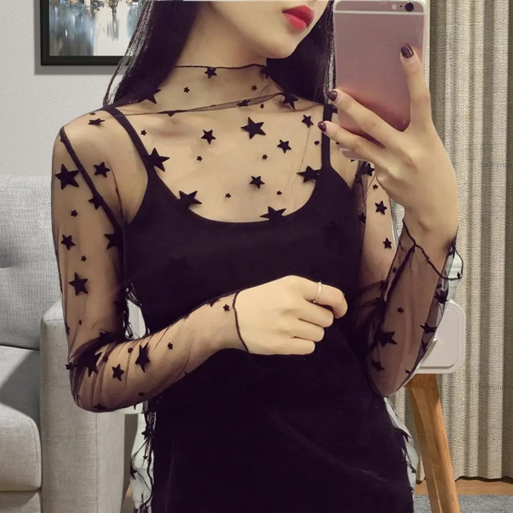 Top Trends: Women Sexy Harajuku Mesh Tops Net See Through T Shirt Transparent Undershirt Star Base Top Camisas Femininas Clubwear Tee Shirts Shoppable Styles