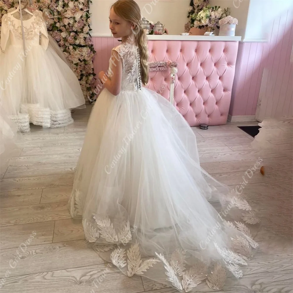 Top Trends: Tulle Communion Party Flower Girl Dresses White A- Line Gown Long Maxi Tutu Sleeveless Leafs Floral Appqulies Princess Shoppable Styles