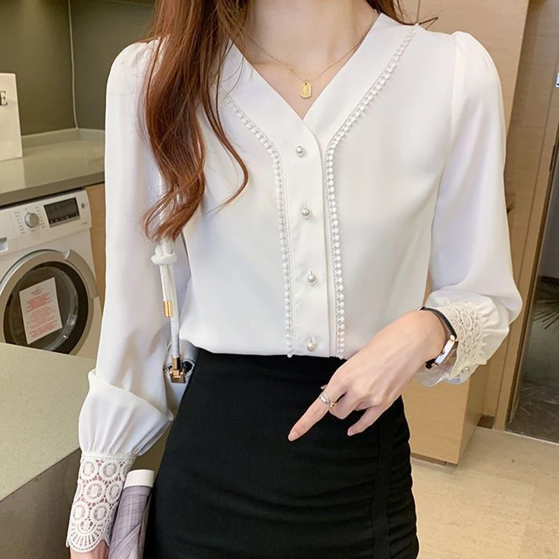 Top Trends: Autumn Elegant Fashion Office Lady Shirts Women Sophisticated V Neck Long Sleeve Solid Color Button Beading Lace Hollow Out Top Shoppable Styles