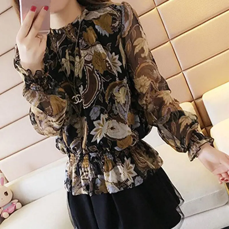 Top Trends: Commute Round Neck Blouse Spring Autumn Fashion Shirring Vintage Printed Korean Female Clothing Loose Casual Long Sleeve Shirt Shoppable Styles