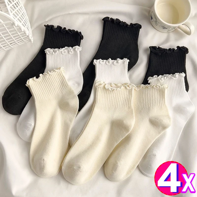 Top Trends: Cotton Ruffles Ankle Socks Women INS Summer Cute Kawaii Korean Sock Girl Spring Black White Middle Tube Japanese Sox Shoppable Styles