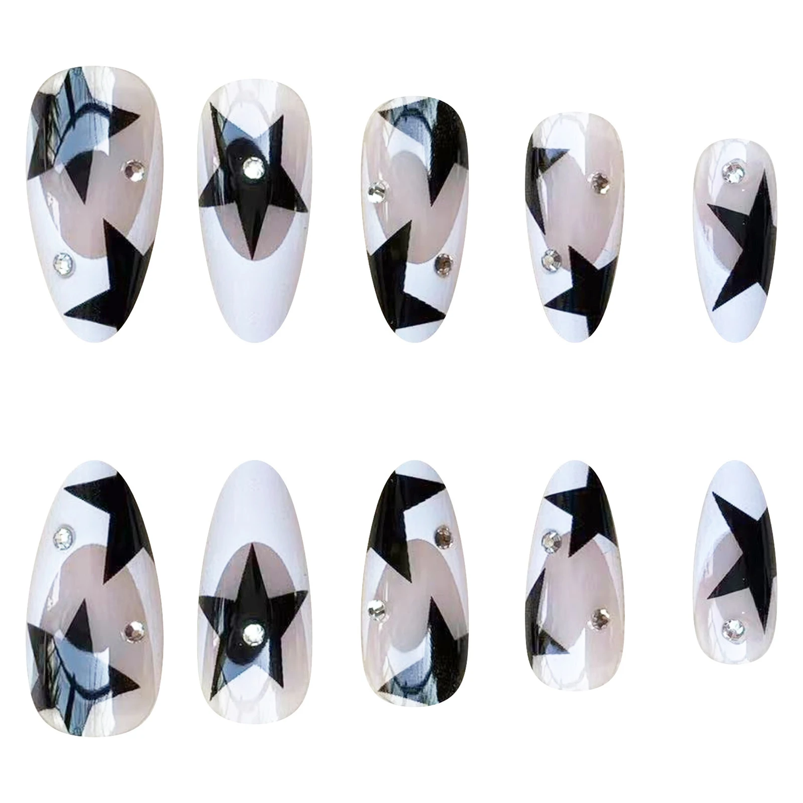 Top Trends: Short Almond Y2k Nails Press On Nail With Black Pentacle Star Designs 24pcs White French False Nails Rhinestone Fake Nail Tips Shoppable Styles - Image 4