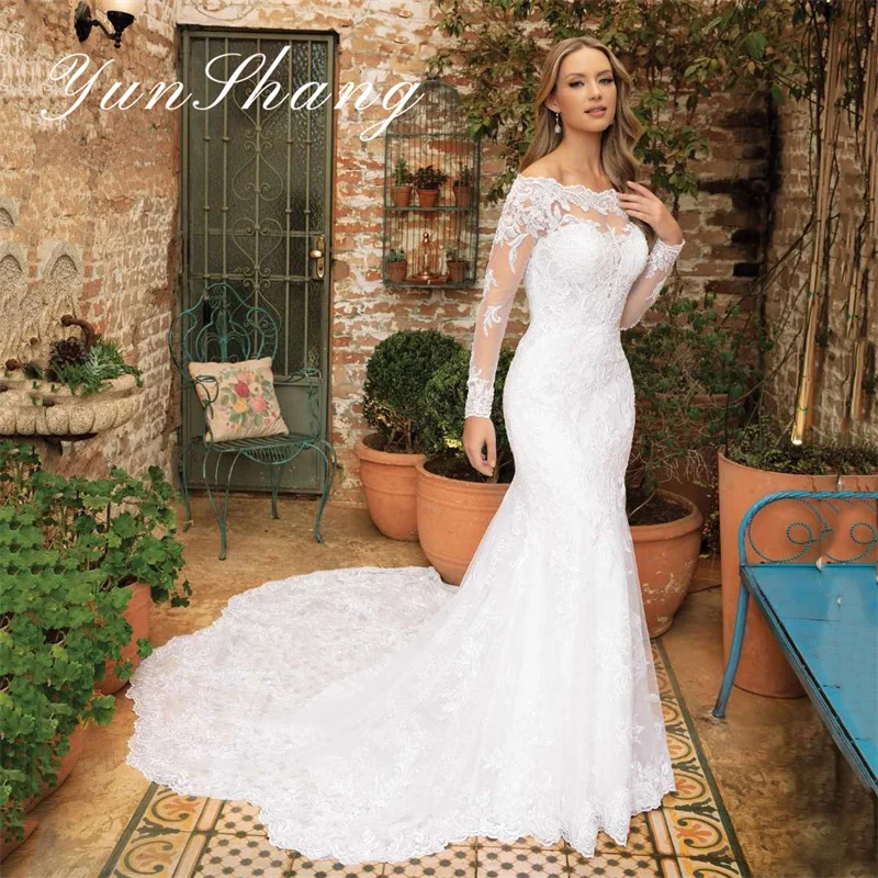 Top Trends: Yunshang Luxury Wedding Dresses Women Mermaid Illusion Back Lace Long Sleeve Applique Bridal Gown Sweep Train Vestidos De Novia Shoppable Styles