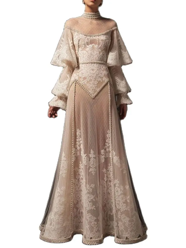 Top Trends: Evening Dresses With Long Falbala Sleeve Khaki Pure Color Vestido Festa Arabic Sheer Ladie Luxuriant Temperament Applique Gauze Shoppable Styles - Image 4