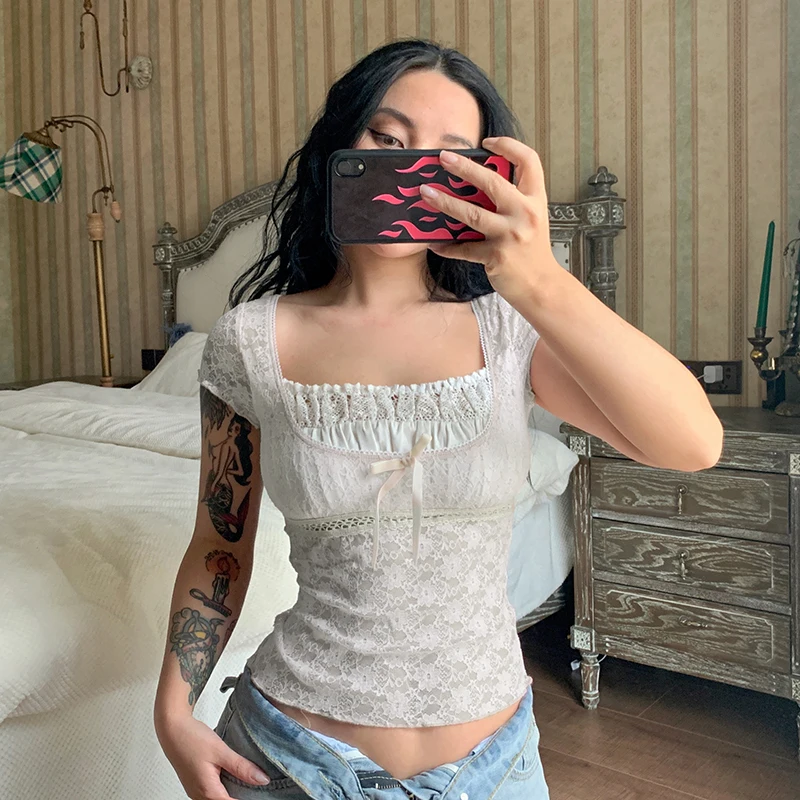 Top Trends: Women Sweet Lace Floral Ruched T-shirt Square Collar Short Sleeve Slim-fit Crop Top Y2K Aesthetic Fairy Grunge Tees Streetwear Shoppable Styles