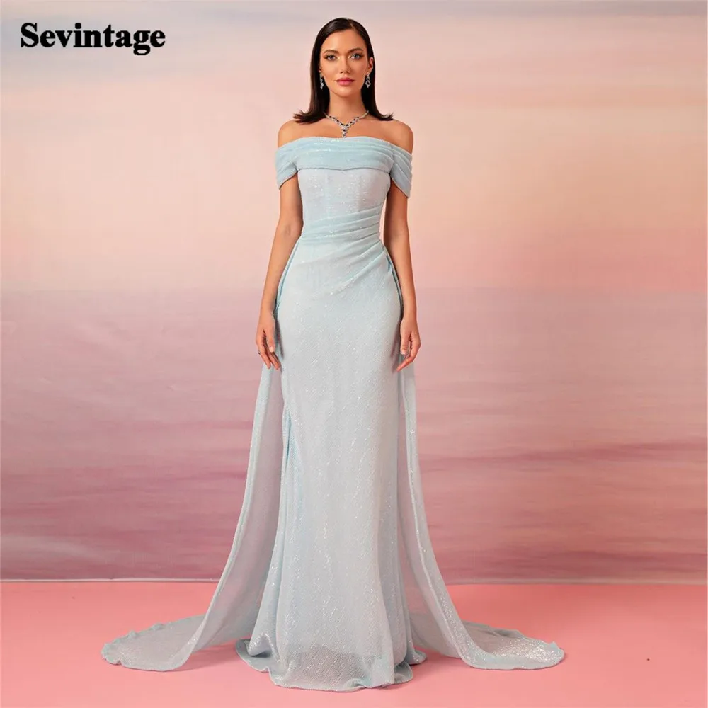 Top Trends: Sevintage Baby Blue Saudi Arabic Prom Dresses Off The Shoulder Formal Evening Gowns Floor Length Dubai Women Party Dresses 2023 Shoppable Styles