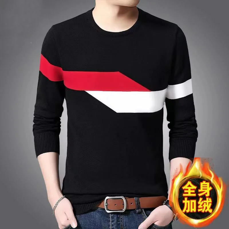 Top Trends: Thicken Fleece Autumn Winter Men Knitted Sweater Korean Fashion New Contrast Bottoming Basic Male Clothing Casual Warm Pullovers Shoppable Styles