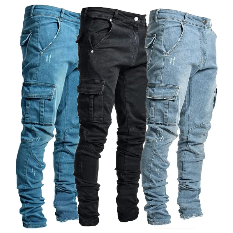 Top Trends: Men's Jeans Casual Cotton Jeans Multi-pocket Denim Cargo Pants Fashion Street Jeans Side Pockets Men's Pencil Pants Shoppable Styles - Image 2