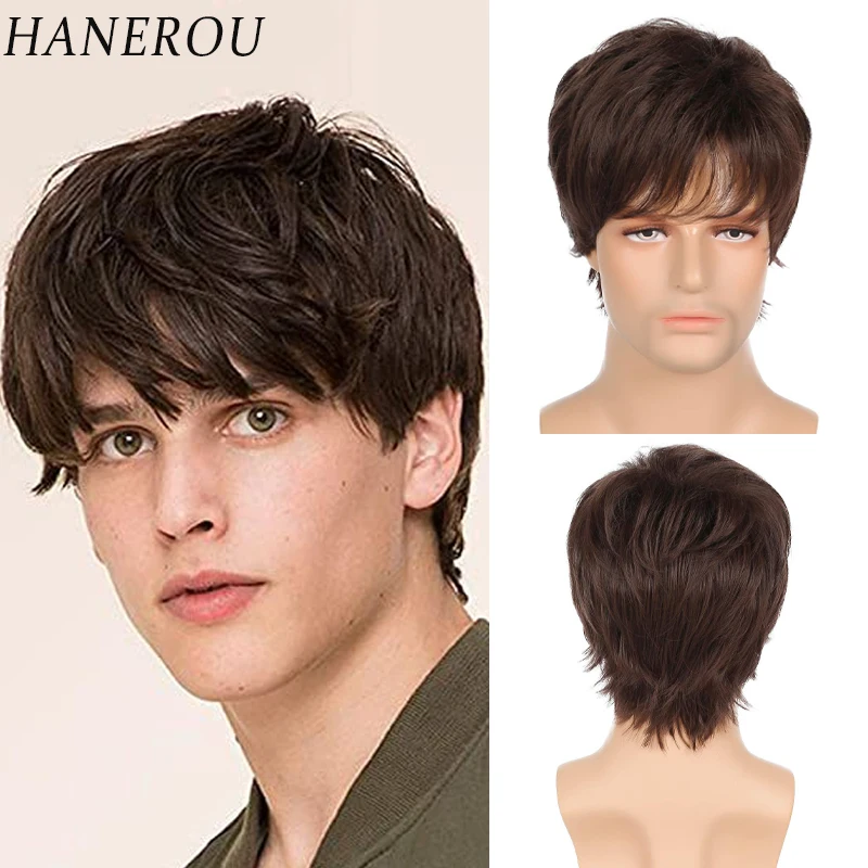 Top Trends: HANEROU Synthetic Short Men Wig Natural Brown Straight Wavy Hair Heat Resistant For Daily Party Cosplay Shoppable Styles