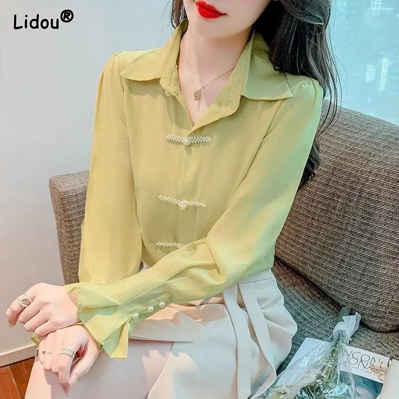 Top Trends: Tops Sprung Summer Turn-down Collar Thin Patchwork Temperament Elegant Fashion Casual Sweet Blouses Women&#039;s Clothing 2023 Loose Shoppable Styles