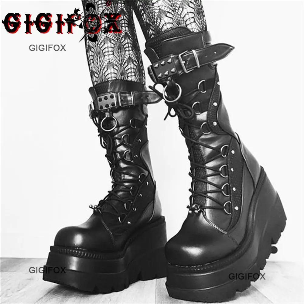 Top Trends: GIGIFOX Winter Sale Punk Halloween Witch Cosplay Platform High Wedges Heels Black Goth Chunky Boots Women Shoes Big Size 43 Shoppable Styles