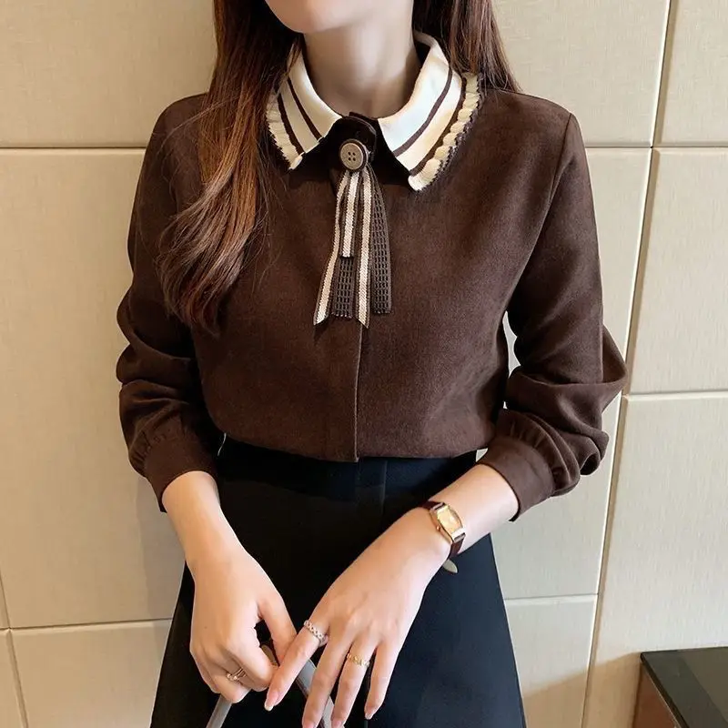 Top Trends: Fashion Peter Pan Collar Spliced Button Bow Blouses Women's Clothing 2023 Autumn Winter Loose Casual Pullovers Commuter Shirts Shoppable Styles