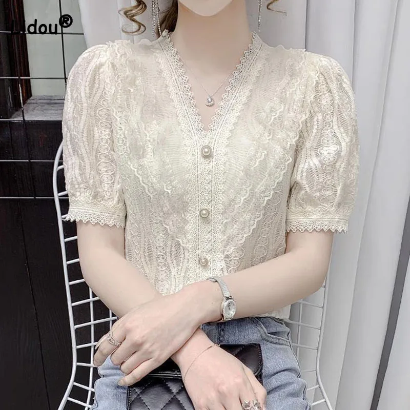 Top Trends: Summer Elegant Female V-Neck Short Sleeve Lace Blouse Commute Solid Color Fashion Button Spliced Slim Shirt Women's Clothing Shoppable Styles