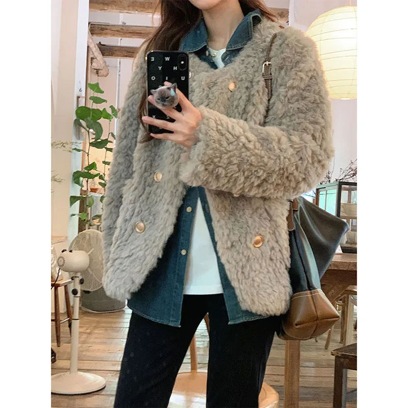 Top Trends: Casual Fashion Grey Double Breasted Small Fragrant Fur Coat For Women&#039;s 2023 Autumn / Winter New Loose Korean Versatile Shoppable Styles