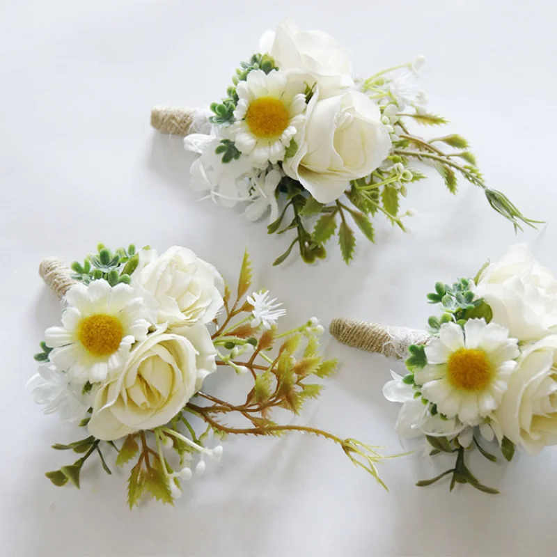 Top Trends: White Artifical Daisy Flowers Wrist Corsage Bridesmaid Brooch Men Boutonnieres Wedding Accessories Shoppable Styles - Image 3