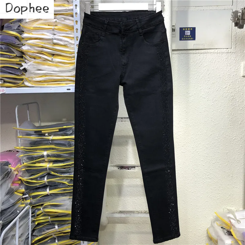 Top Trends: Hot Drilling Black Denim Pants 2023 New Spring Autumn Stretch High Waist Skinny Pencil Jeans Slimming Long Trousers For Women Shoppable Styles