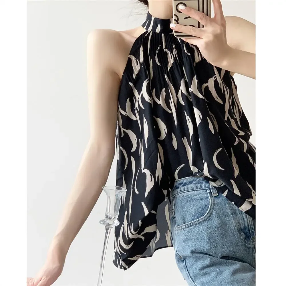 Top Trends: Vintage Summer Sleeveless Sexy Shirt Women Printed Crop Tops Elegant Korean Fashion Hanging Neck Top Blouse Women Clothing Shoppable Styles