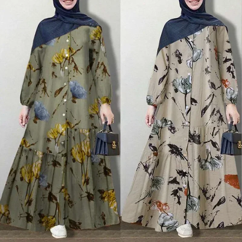 Top Trends: Muslim Abayat Cotton And Linen Long Sleeve Abaya Femme Fashion Loose Casual Floral Long Dress Europe, America, Middle East, Arab Shoppable Styles