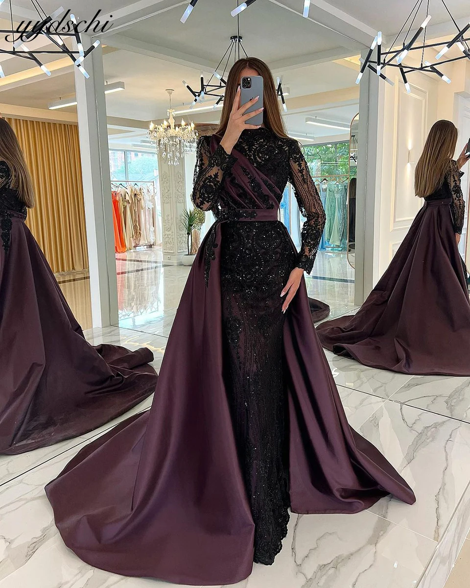 Top Trends: Luxury Long Sleeves Mermaid Satin High Neck Prom Gowns 2023 Saudi Arabia Black Sequins Appliques Evening Dress With Sweep Train Shoppable Styles