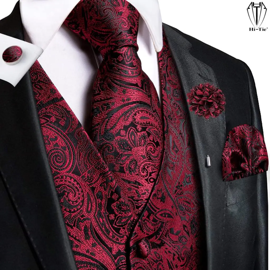 Top Trends: Hi-Tie High Quality Silk Mens Vests Red Burgundy Paisley Waistcoat Tie Hanky Cufflinks Brooch Set For Men Suit Wedding Office XL Shoppable Styles