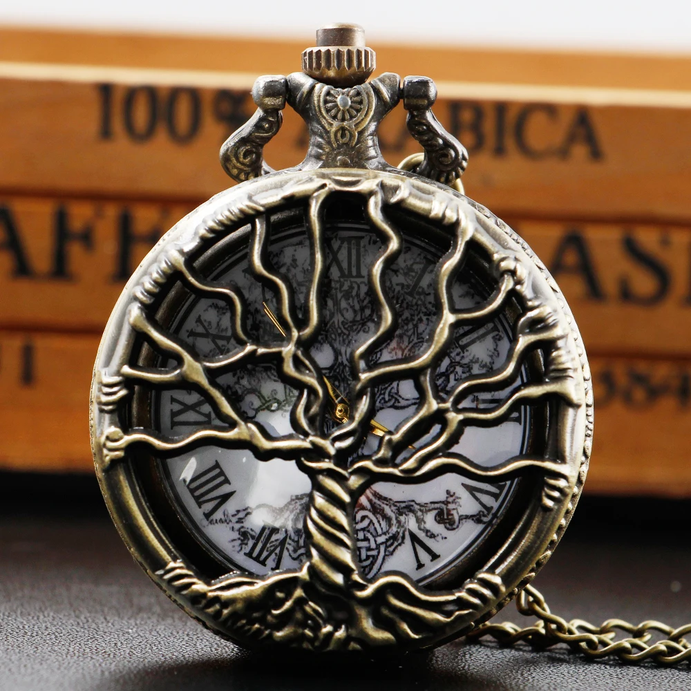 Top Trends: Tree Of Life Hollow Carved Ink Sketch Painting Dial Vintage Quartz Pocket Watch Necklace Pendant Gifts For Women Or Man Shoppable Styles