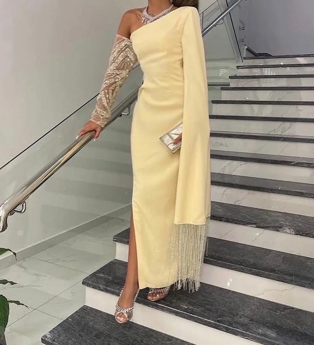 Top Trends: Saudi Arabia Women's Prom Dresses Tassel Evening Dress Knee-Length Satin Sequins Tulle Long Sleeves Slit Party Yellow Dress Shoppable Styles