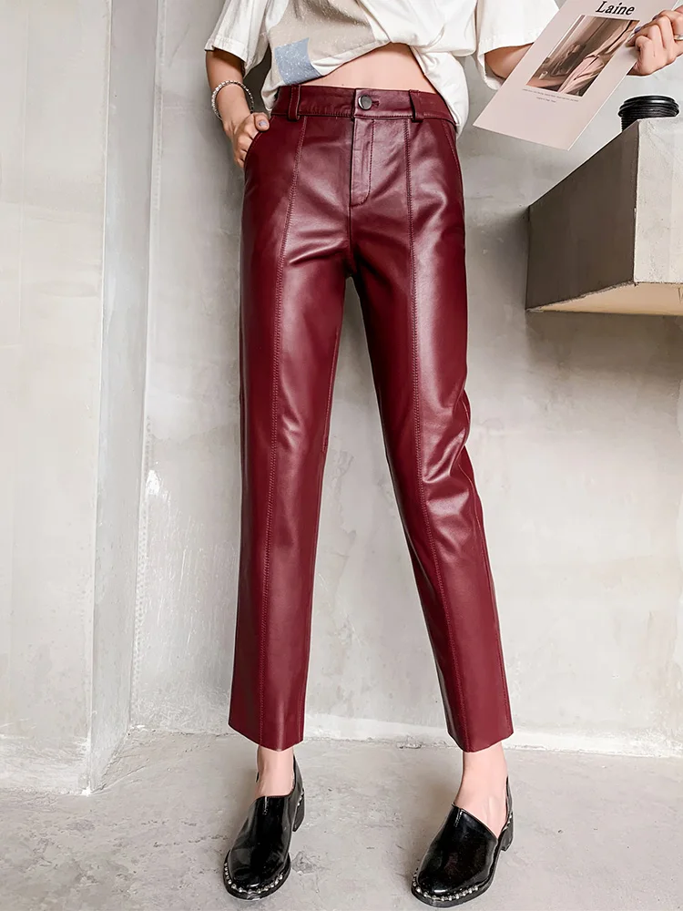 Top Trends: Women&#039;s Genuine Sheepskin Ankle Length Pencil Pants, OL Casual Leather Pants, Female Pencil Pants, Spring And Autumn Shoppable Styles