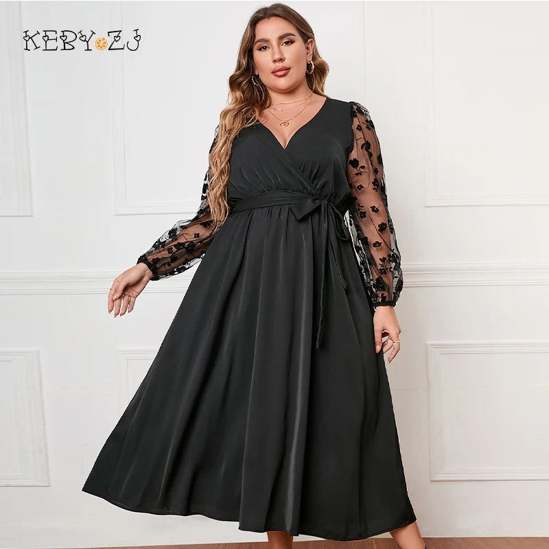 Top Trends: KEBY ZJ Plus Size Women Clothing Black Sexy Deep V Lace Long Sleeves Maxi Dress Ladies Elegant Casual Large Size Dresses 3XL 4XL Shoppable Styles