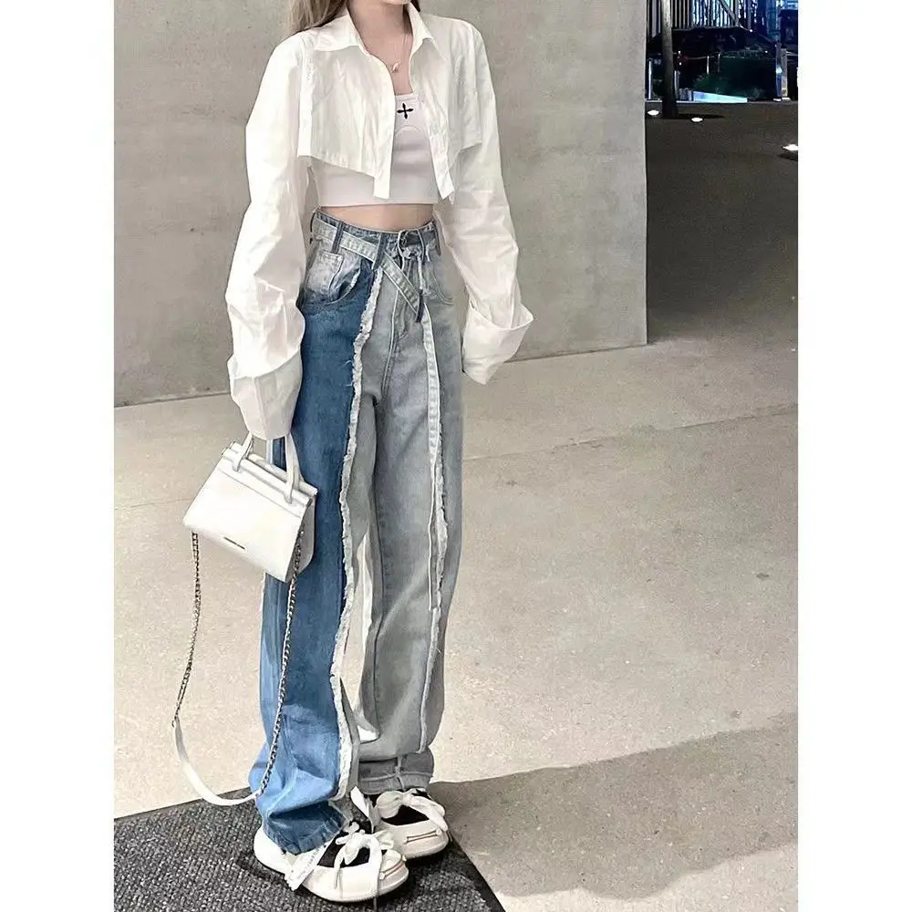 Top Trends: Two Color Patchwork Wool Whisker Wash Denim Trousers Fashion Brand Personality Straight Loose Women Long Jeans Belt Lace Up 2XL Shoppable Styles