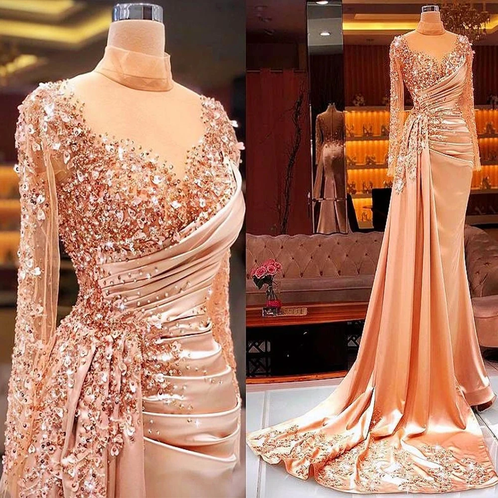 Top Trends: 2023 Plus Size Mermaid Sexy Prom Dresses Sheer Neck Beaded Sequins Arabic Aso Ebi Luxurious Blush Pink Long Sleeve Evening Gowns Shoppable Styles