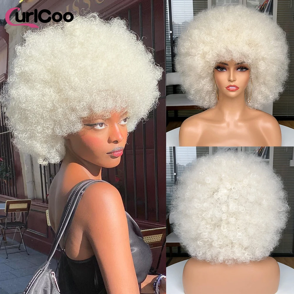 Top Trends: High Puff Afro Kinky Curly Wigs With Bangs Synthetic Wigs For Black Women Ombre Glueless Cosplay Natural Blonde Red White Wig Shoppable Styles