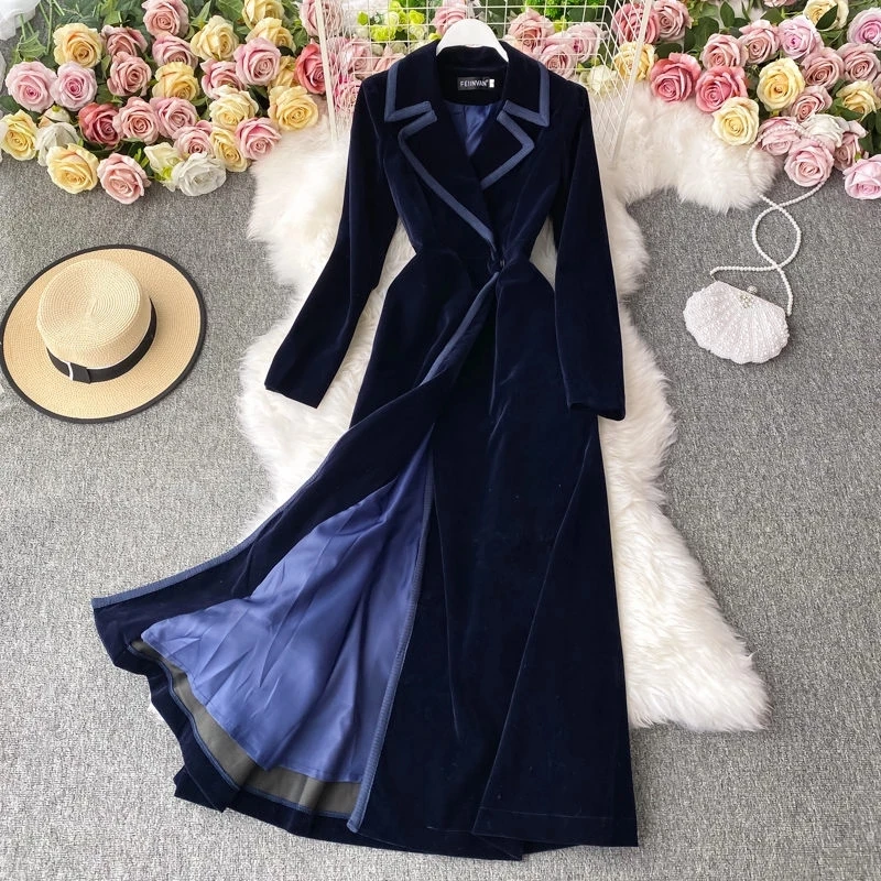 Top Trends: Autumn And Winter Black Velvet Blazer Dress Long Over The Knee Fashion Temperament Maxi Windbreaker Jacket Women Slim Coat Shoppable Styles