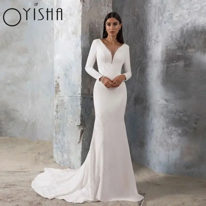 Top Trends: OYISHA Satin Mermaid Wedding Dresses V-Neck Long Sleeves Backless Bridal Gowns For Woman Appliques Exquisite Vestido De Mariages Shoppable Styles