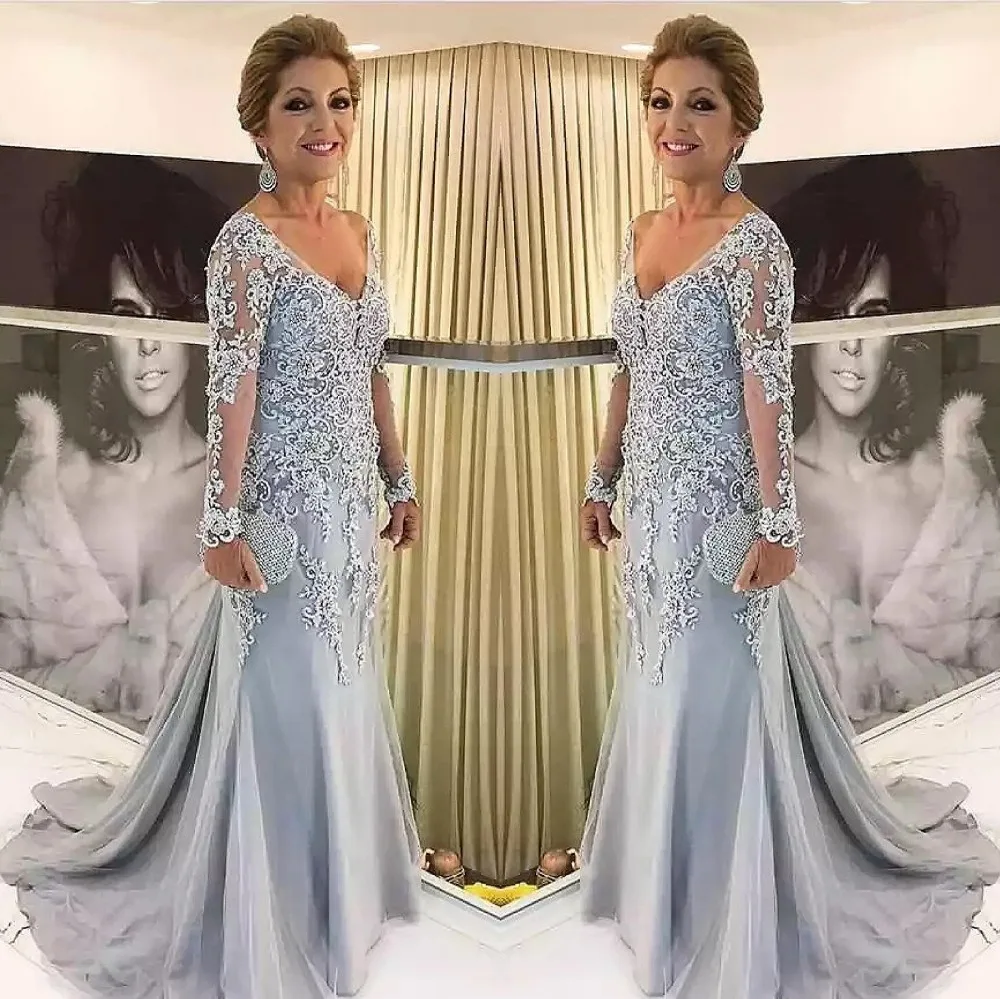 Top Trends: Elegant Blue Silver Mother Of The Bride Dresses Long Sleeves 2021 V Neck Godmother Evening Dresses Wedding Party Guest Gowns New Shoppable Styles