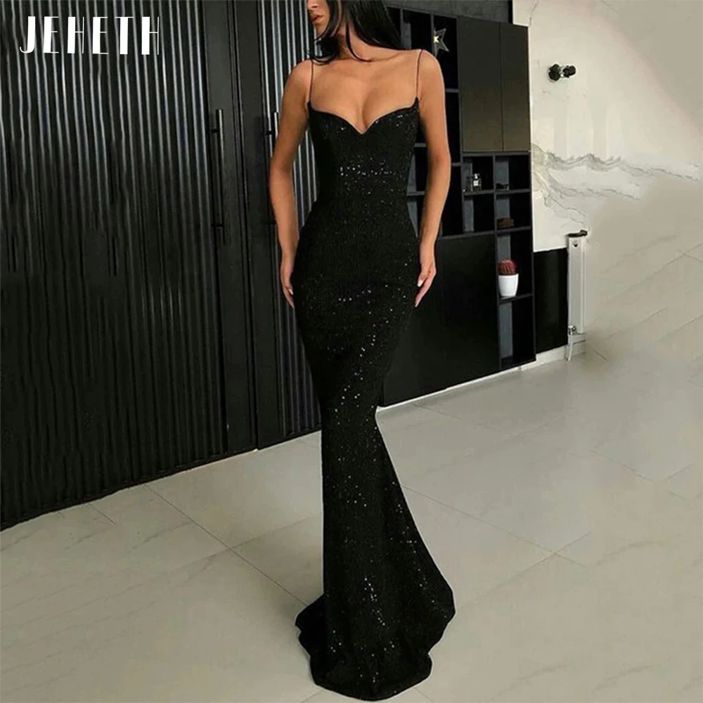 Top Trends: JEHETH Sexy Black Shiny Mermaid Evening Dresses Women Spaghetti Straps Sequins Backless Formal Party Prom Gown Vestidos De Festa Shoppable Styles