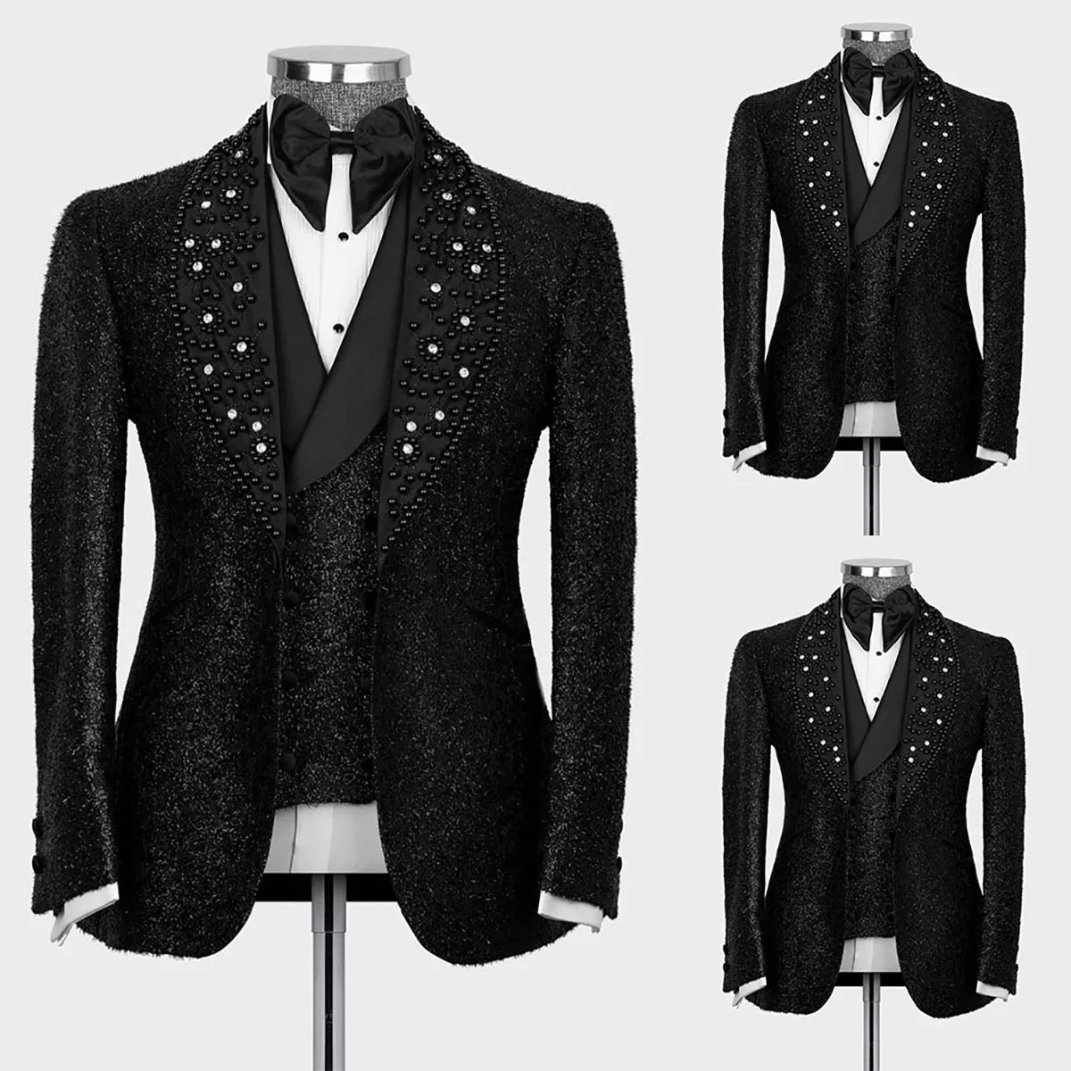 Top Trends: 3 Pieces Black Men Suits Luxury Crystal Beaded For Wedding Tuxedos Sparkling Sequins Groom Prom (Blazer+ Pant+ Vest) Custom Made Shoppable Styles