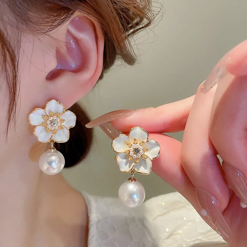 Top Trends: 925 Silver Needle Korean Fashion Camellia Pearl Drop Earrings For Women Jewelry Trending Vintage French Women&#039;s Flower Earrings Shoppable Styles