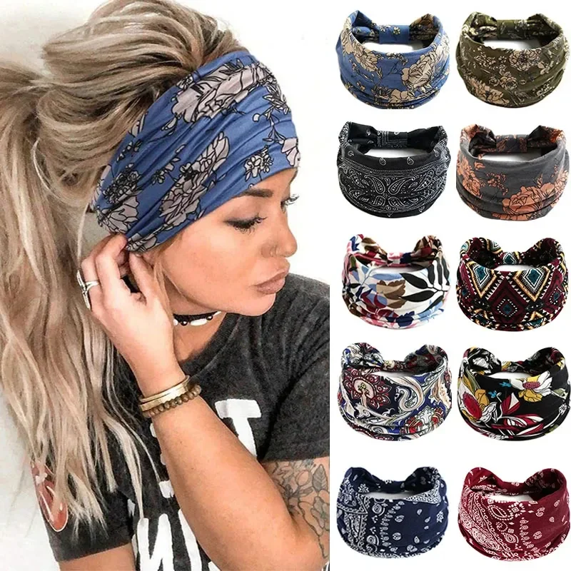 Top Trends: New Boho Flower Print Wide Headbands Vintage Knot Elastic Turban Headwrap For Women Girls Cotton Soft Bandana Hair Accessories Shoppable Styles