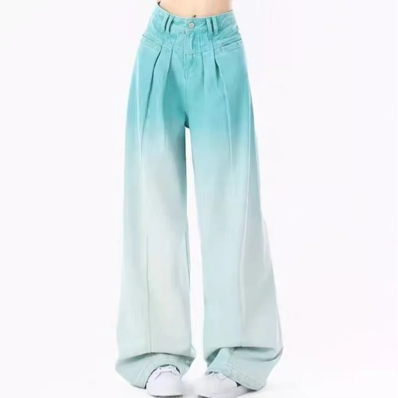 Top Trends: American Dopamine Gradient Green Women Jeans Spring Autumn New Streetwear Fashion High Waist Loose Straight Wide Leg Denim Pants Shoppable Styles